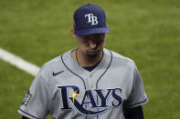 Tampa Bay Rays starting pitcher Blake Snell leaves the game against the Los Angeles Dodgers during the sixth inning in Game 6 of the baseball World Series Tuesday, Oct. 27, 2020, in Arlington, Texas. (AP Photo/Tony Gutierrez)