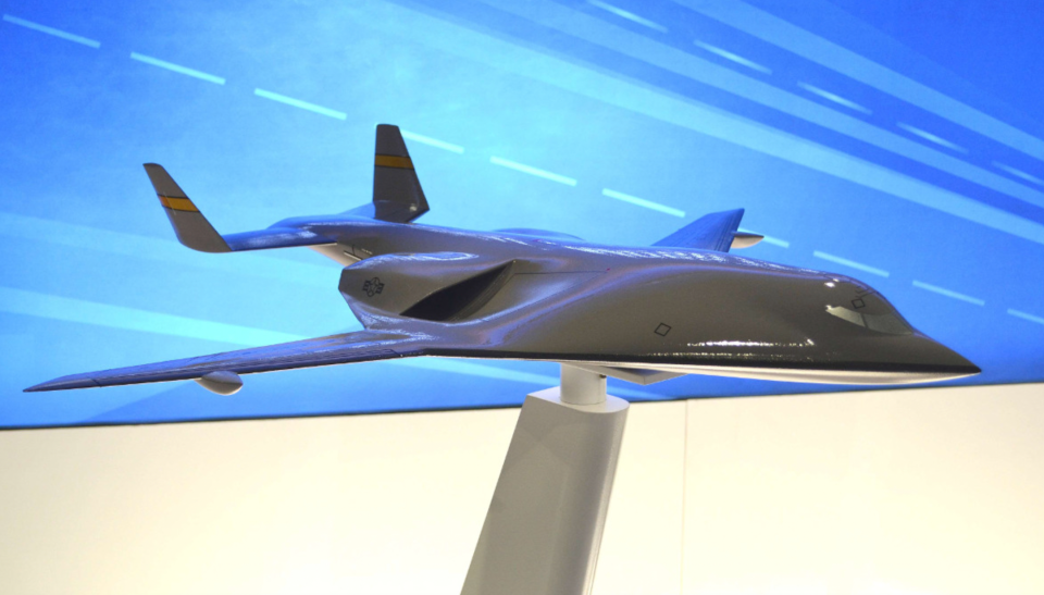A model of a Lockheed Martin blended wing-body aerial refueling tanker. <em>Lockheed Martin</em>