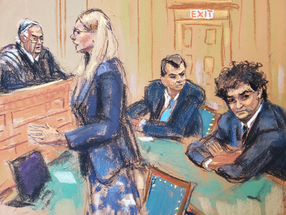 Former FTX CEO Sam Bankman-Fried, who is facing fraud charges in the collapse of the bankrupt cryptocurrency exchange, sits near Judge Lewis Kaplan, Assistant US Attorney Danielle Sassoon and attorney Christian Everdell during his arraignment in federal court in New York City, US , February 9, 2023. REUTERS/Jane Rosenberg