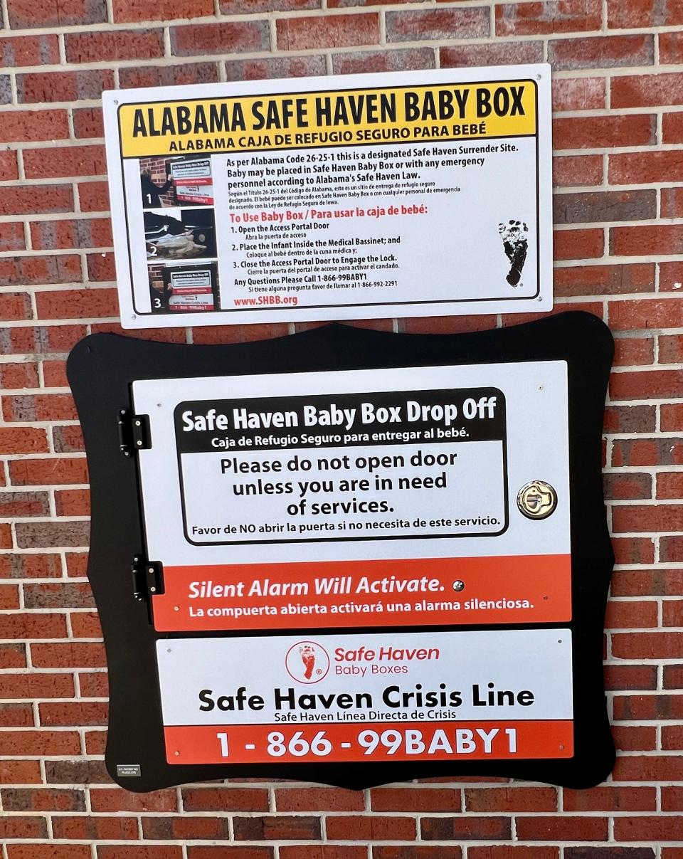 The Safe Haven Baby Box in Gadsden, Alabama, has detailed instructions written in English and Spanish. Salina Fire Department Station No. 1 is set to have a similar baby box installed after an initiative was announced by chief Tony Sneidar.