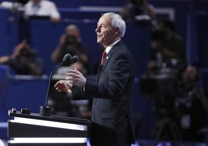 FILE PHOTO: Governor Asa Hutchinson speaks at the Republican National Convention in Cleveland