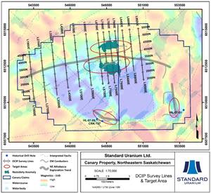 Figure 1. Plan map highlighting areas of the three geophysical surveys completed on Standard Uranium’s eastern Athabasca projects. Current uranium showings, discoveries, and deposits, as well as regional exploration trends are displayed with first vertical derivative magnetics in the background.