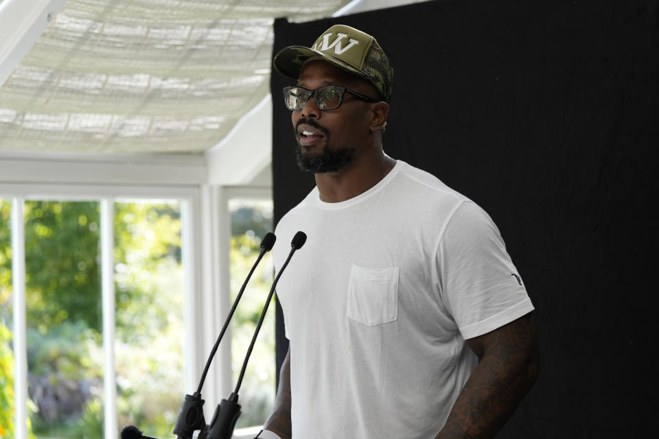 Buffalo Bills linebacker Von Miller speaks with media after a practice session in Watford, Hertfordshire, England, north-west of London, Friday, Oct. 6, 2023. The Buffalo Bills will take on the Jacksonville Jaguars in a regular season game at Tottenham Hotspur Stadium on Sunday. (AP Photo/Steve Luciano)