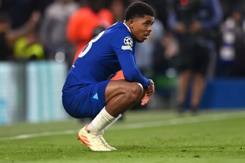 Wesley Fofana of Chelsea looks dejected after Rodrygo of Real Madrid scored the team's first goal during the UEFA Champions League quarterfinal second leg match between Chelsea FC and Real Madrid at Stamford Bridge on April 18, 2023 in London, England.