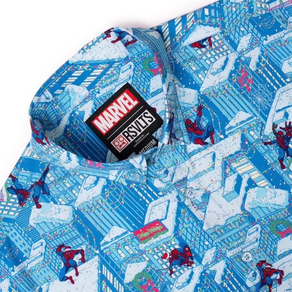 RSVLTS Holiday Marvel Shirt Spider-Man close up close up with collar