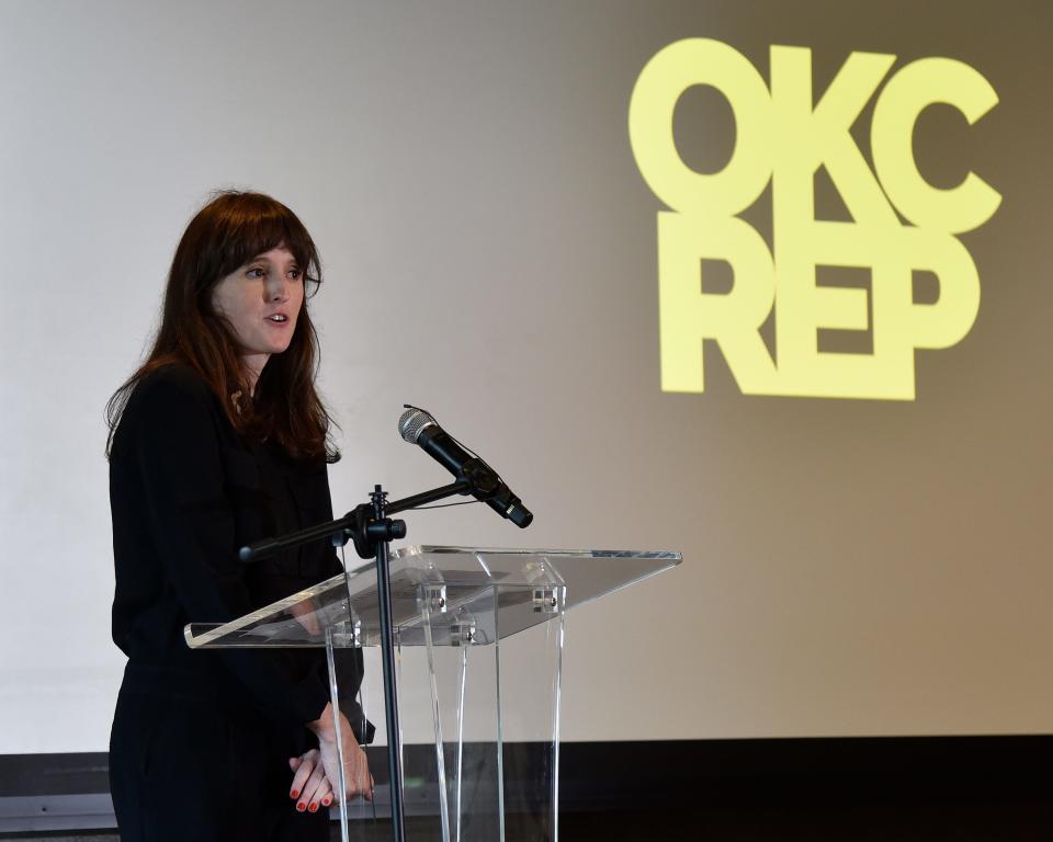 Kelly Kerwin, the new artistic director of Oklahoma City Repertory Theatre, speaks at a party honoring Founding Artistic Director Donald Jordan on his retirement from the OKC professional theater July 31 at the Colcord Hotel in downtown Oklahoma City.