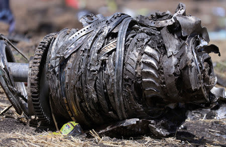 FILE PHOTO: Airplane engine parts are seen at the scene of the Ethiopian Airlines Flight ET 302 plane crash, near the town of Bishoftu, southeast of Addis Ababa, Ethiopia March 11, 2019. REUTERS/Tiksa Negeri/File Photo