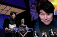 Song Kang-ho accepts the award for best actor for 'Broker' during the awards ceremony of the 75th international film festival, Cannes, southern France, Saturday, May 28, 2022. (Photo by Joel C Ryan/Invision/AP)