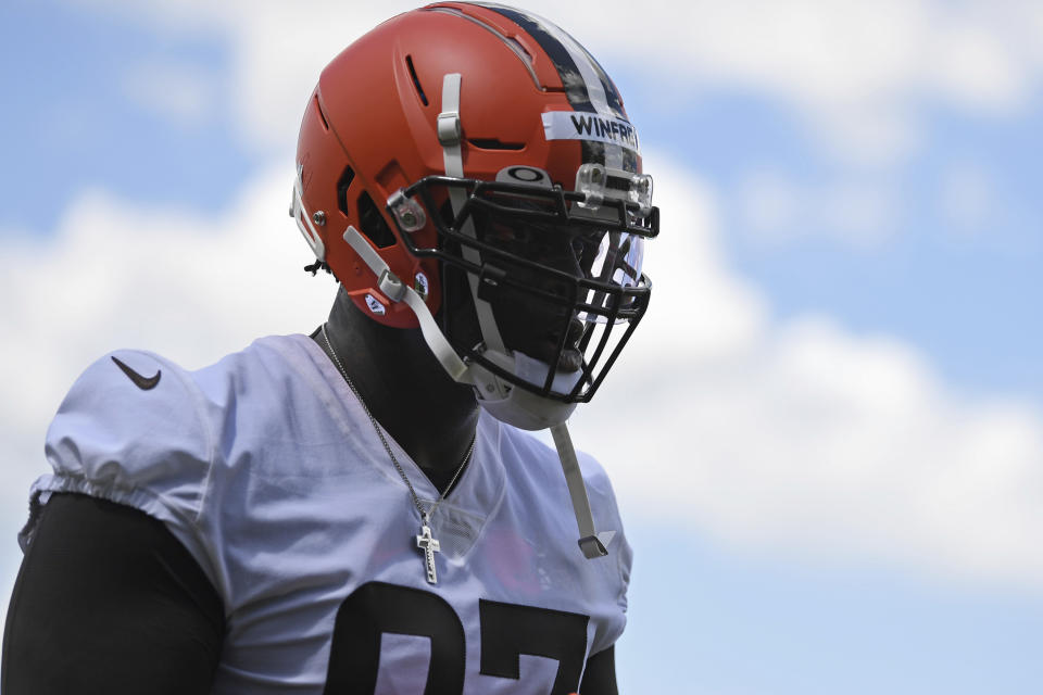 Cleveland Browns defensive linemen Perrion Winfrey looks on during the NFL football team's rookie minicamp, Friday, May 13, 2022, in Berea, Ohio. (AP Photo/David Dermer)
