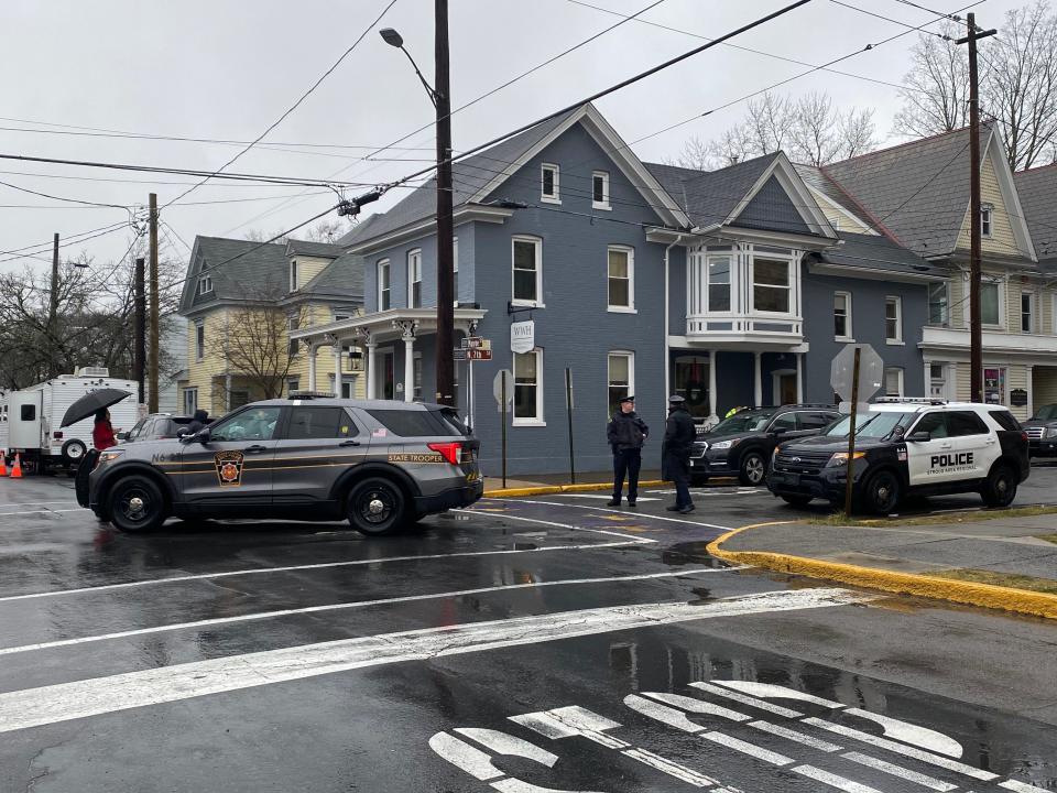 Pennsylvania State Troopers and Stroud Area Regional Police block areas of Monroe and North 7th streets near the Monroe County Courthouse on Jan. 3, 2023.