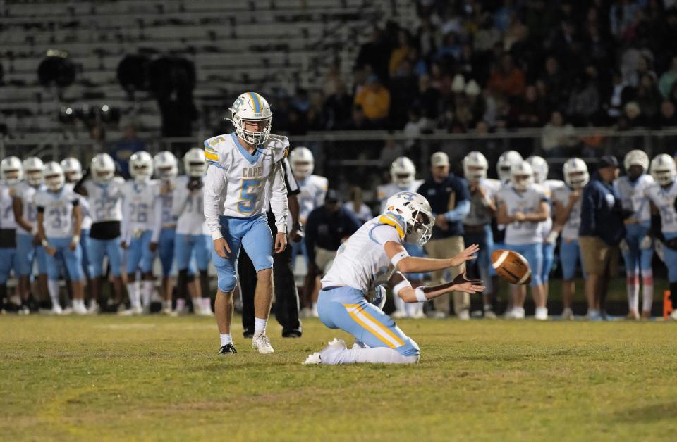 Cape Henlopen's Wilson Ingerski (5) with a field goal attempt in their game against Sussex Central in Georgetown, Del.