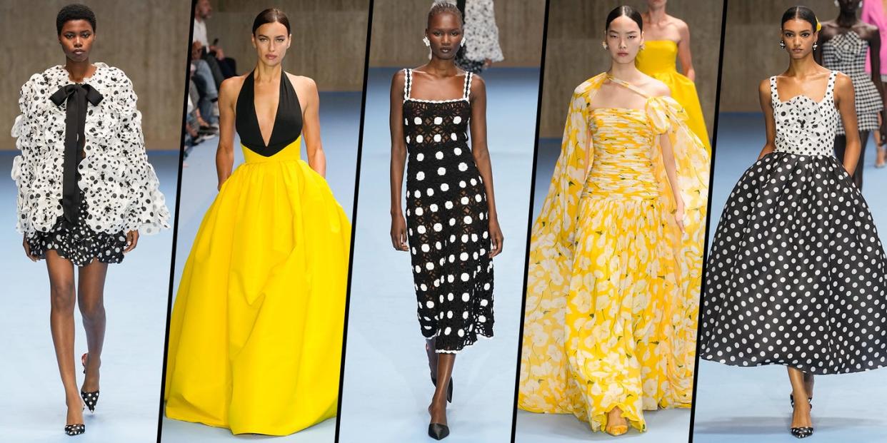 models in polka dot dresses and yellow gowns