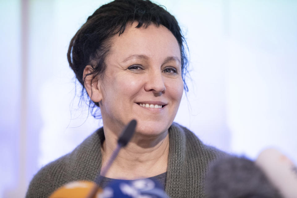 Polish author Olga Tokarczuk attends a press conference in Bielefeld, Germany, Thursday, Oct 10, 2019. Olga Tokarczuk is named recipient of the 2018 Nobel Prize in Literature, Thursday Oct. 10, 2019. Two Nobel Prizes in literature are announced Thursday after the 2018 literature award was postponed following sex abuse allegations that rocked the Swedish Academy at that time. (Friso Gentsch/dpa via AP)