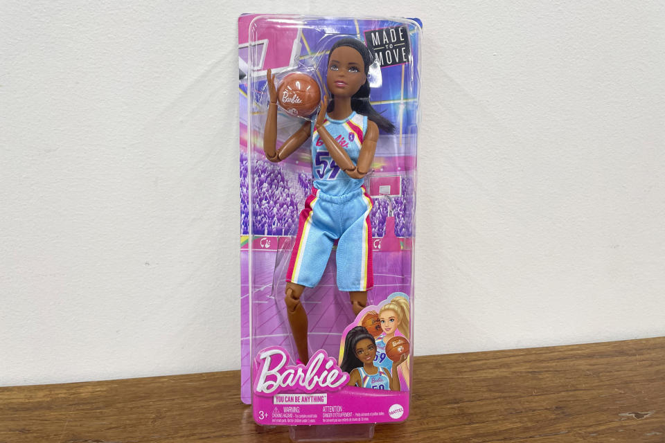 CORRECTS BYLINE: A basketball Barbie doll was part of a Barbie-themed WNBA basketball game between the Indiana Fever and Chicago Sky, Friday, Aug. 30, 2024, in Chicago. The Indiana Fever won 100-81. (AP Photo/Claire Savage)