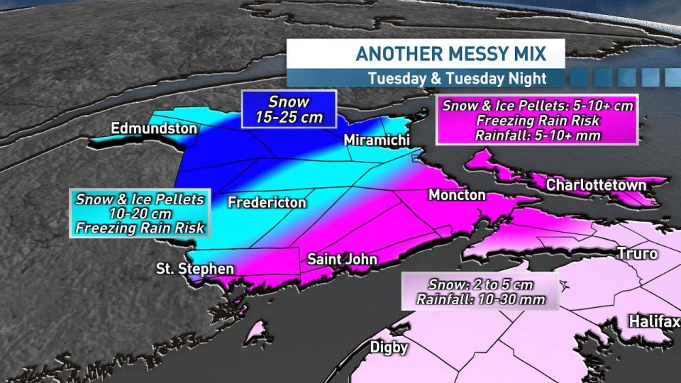 An extended period of freezing rain is possible this evening and overnight. St. Stephen to Fredericton to Miramichi could see a three-to-five-hour period of ice build-up, says meteorologist Ryan Snodden.