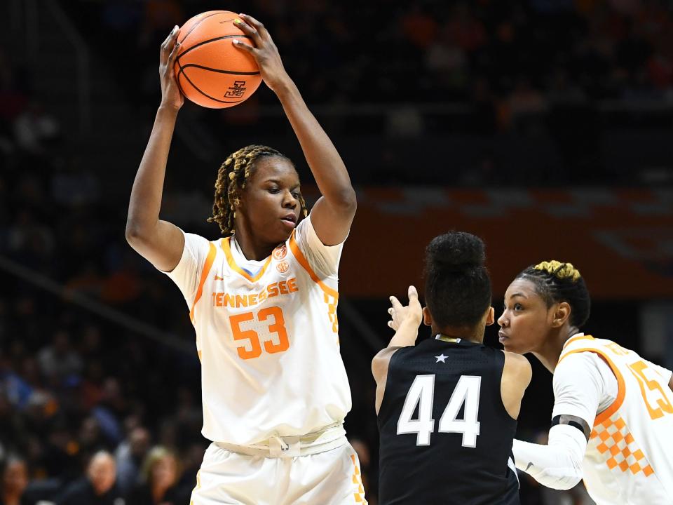 Tennessee's Jillian Hollingshead (53) protecting the ball from UConn's Aubrey Griffin (44) during the NCAA college basketball game between the Tennessee Lady Vols and Connecticut Huskies in Knoxville, Tenn. on Thursday, January 26, 2023. 