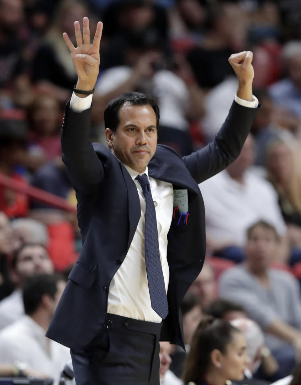 Miami Heat head coach Erik Spoelstra watches during the first half of the team's NBA basketball game against the Atlanta Hawks, Tuesday, Oct. 29, 2019, in Miami. The Heat won 112-97. (AP Photo/Lynne Sladky)