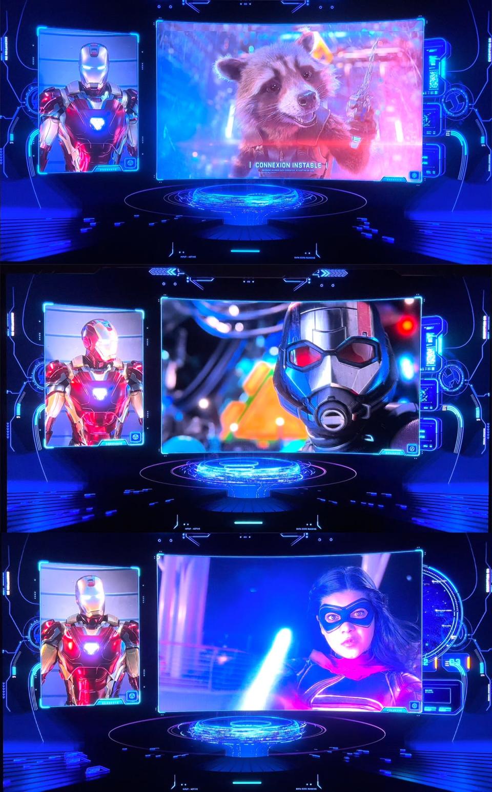 Rocket Raccoon, Ant-Man, and Ms. Marvel appear in the queue video for Avengers Assemble: Flight Force at Avengers Campus in Disneyland Paris.