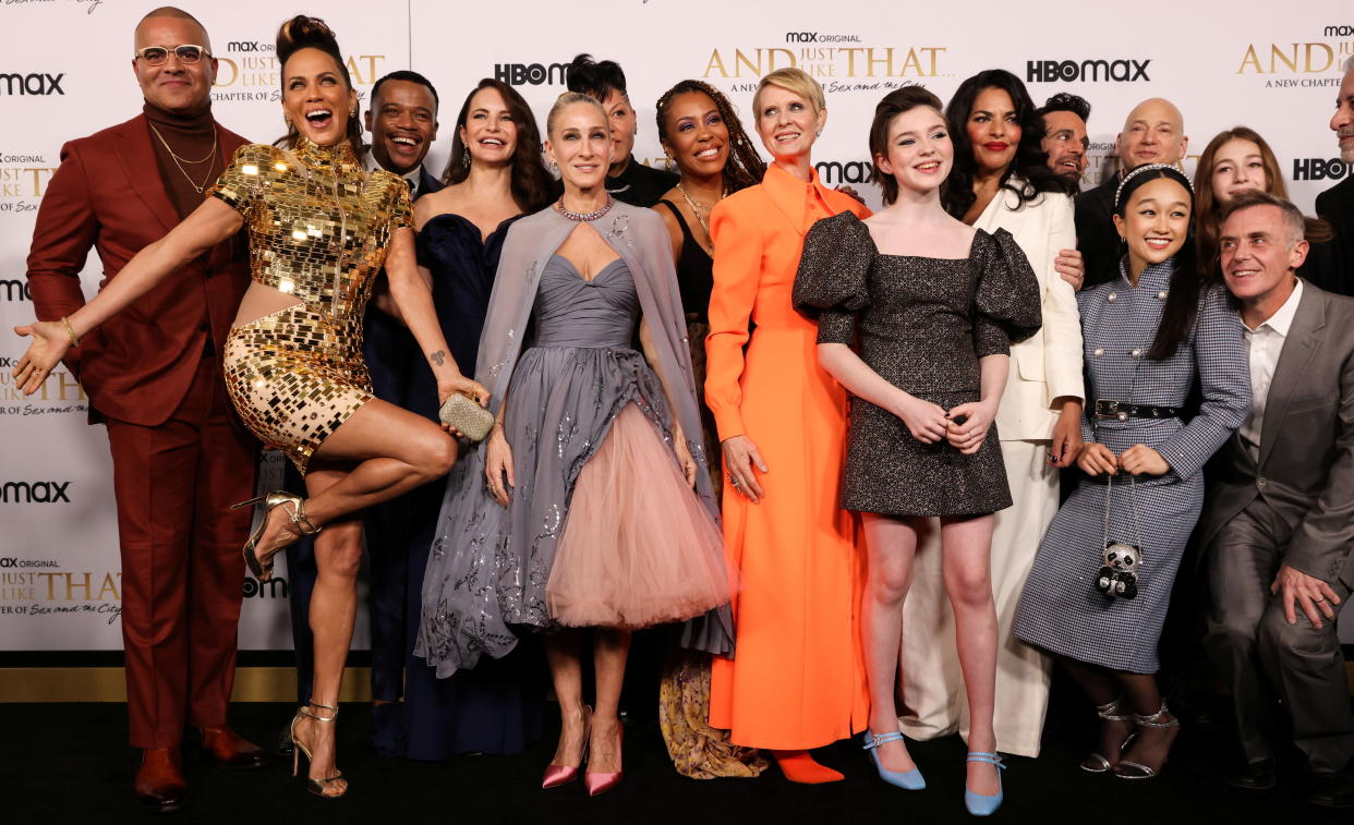 Cast members pose while attending the red carpet premiere of And Just Like That... in New York City. 