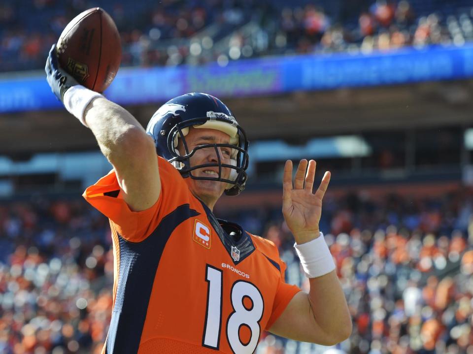 Denver Broncos quarterback Peyton Manning warms up before the AFC Championship NFL playoff football game against the New England Patriots in Denver, Sunday, Jan. 19, 2014. (AP Photo/Jack Dempsey)