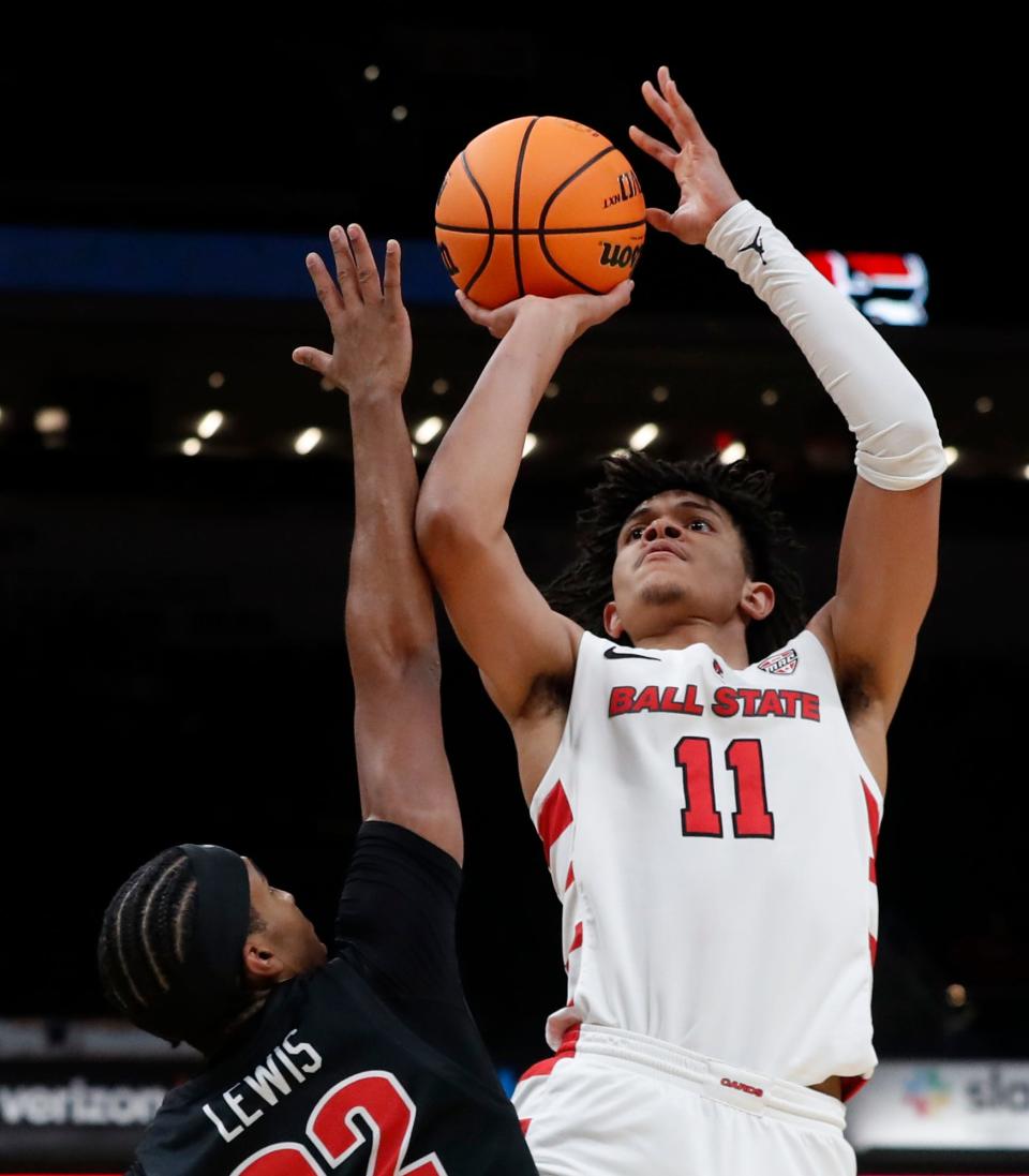 Ball State Cardinals forward Basheer Jihad (11) shoots the ball during the Indy Classic NCAA men’s basketball doubleheader against the Illinois State Redbirds, Saturday, Dec. 17, 2022, at Gainbridge Fieldhouse in Indianapolis.