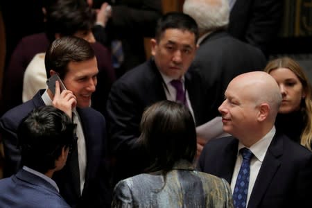 FILE PHOTO: White House senior adviser Kushner speaks with US Ambassador to UN Greenblatt before meeting of UN Security Council in New York