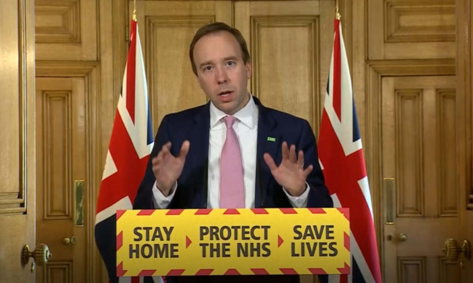 Screen grab of Health Secretary Matt Hancock during a media briefing in Downing Street, London, on coronavirus (COVID-19).