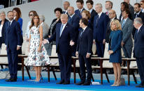 <p>French President Emmanuel Macron, his wife Brigitte Macron, President Donald Trump and First Lady Melania Trump, French Prime Minister Edouard Philippe and Senate speaker Gerard Larcher attend the traditional Bastille Day military parade on the Champs-Elysees in Paris, France, July 14, 2017. (Photo: Yves Herman/Reuters) </p>