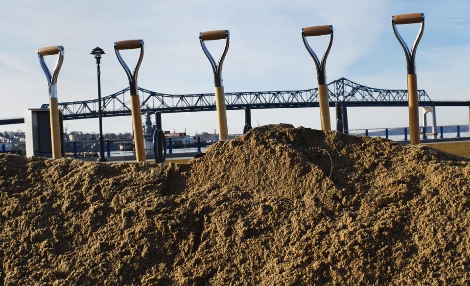 Shovels are ready for the groundbreaking for the Route 79 and Davol Street Corridor Improvement Project at the City Pier in Fall River Wednesday, Dec. 21.