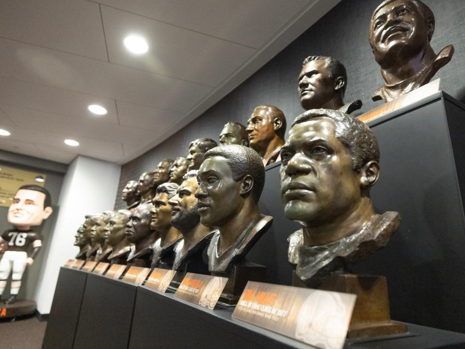 Cleveland Browns Hall of Fame inductees' busts are on display outside the newest Pro Football Hall of Fame exhibit, "A Legacy Unleashed." The temporary show honoring the history of the Cleveland Browns is scheduled to run through April 21.
