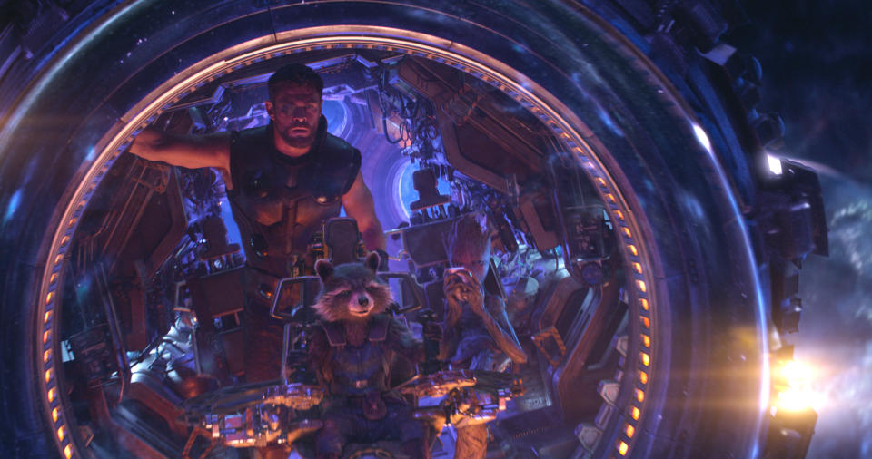 Thor (Chris Hemsworth), Rocket (voiced by Bradley Cooper) and Groot (voiced by Vin Diesel) in Avengers: Infinity War (Marvel Studios)