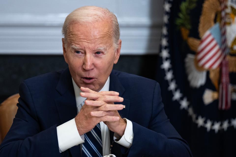 U.S. President Joe Biden speaks during a meeting about countering the flow of fentanyl into the United States, in the Roosevelt Room of the White House November 21, 2023 in Washington, DC.