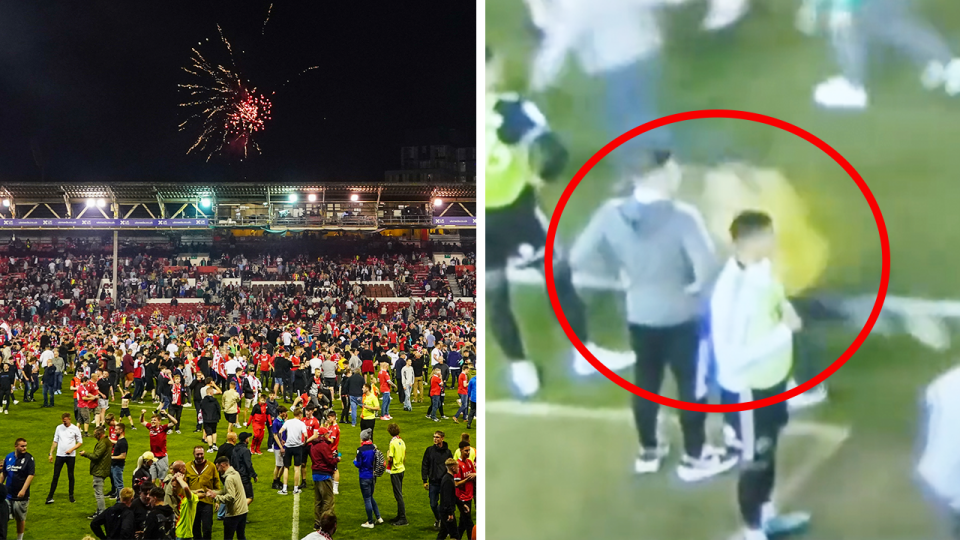 A Nottingham Forest fan (pictured right in yellow) allegedly assaulting Sheffield United player Billy Sharpe and (pictured left) fans storm the field after Forest defeated Sheffield United.