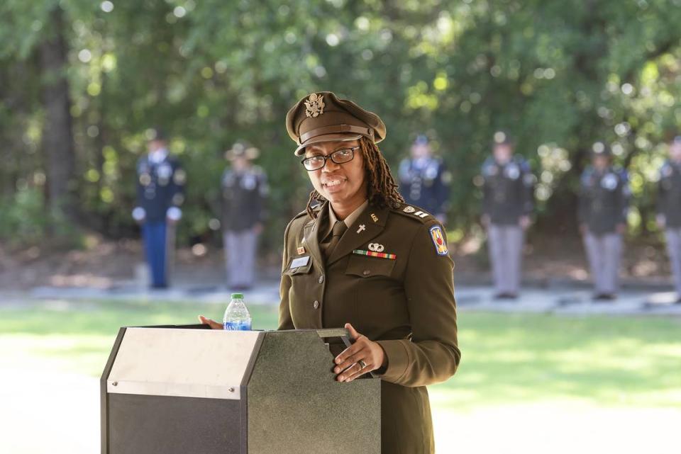 Chaplain Krysta Piper delivers the eulogy for retired Staff Sgt Robert J. Wolfenberger Jr. on Wednesday morning at Ft. Mitchell National Cemetery in Ft. Mitchell, Alabama. 07/05/2023