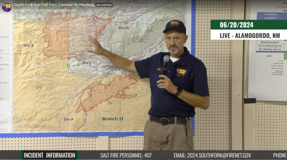 Commander Dave Gesser of the Southwest Area Incident Management Team #5, a multi-agency group, gives an update Thursday, June 20, during a virtual public meeting on the status of two fires burning in Ruidoso.