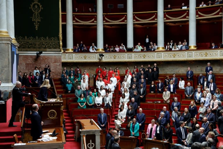 Unos diputados de la Asamblea Nacional (cámara baja) de Francia, vestidos con los colores de la bandera palestina, durante una sesión de control al gobierno, en París, el 4 de junio de 2024 (Geoffroy van der Hasselt)