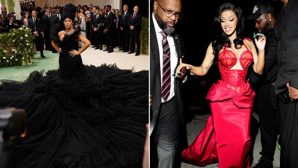 Side by side photos of Cardi B in a black flowing gown and a form fitting red gown