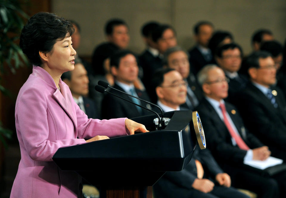 South Korean President Park Geun-hye speaks during her New Year's press conference at the presidential Blue House in Seoul, South Korea, on Monday, Jan. 6, 2014. Park called for resuming reunions of families separated by the Korean War in the early 1950s. (AP Photo/Jung Yeon-je, Pool)