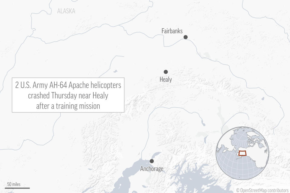 Two military helicopters went down Thursday in Alaska after a training flight. (AP Graphic)