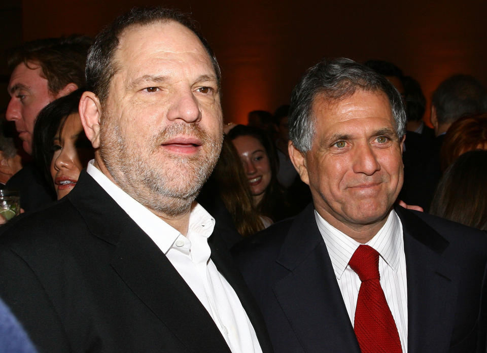 Now-disgraced Hollywood producer Harvey Weinstein, left, with CBS chief Les Moonves in May 2008. (Photo: Scott Wintrow via Getty Images)