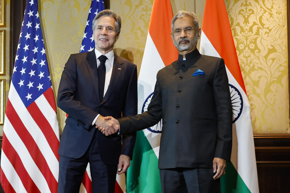 U.S. Secretary of State Antony Blinken shakes hands with Indian Foreign Minister Subrahmanyam Jaishankar as they pose for a photo ahead of a day of meetings in New Delhi, India, Friday, Nov. 10, 2023. (Jonathan Ernst/Pool Photo via AP)
