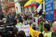 LONDON, ENGLAND - AUGUST 16: Protesters and media gather outside the Ecuadorian Embassy, where Julian Assange, founder of Wikileaks is staying on August 16, 2012 in London, England. Mr Assange has been living inside Ecuador's London embassy since June 19, 2012 after requesting political asylum whilst facing extradition to Sweden to face allegations of sexual assault. (Photo by Dan Kitwood/Getty Images)