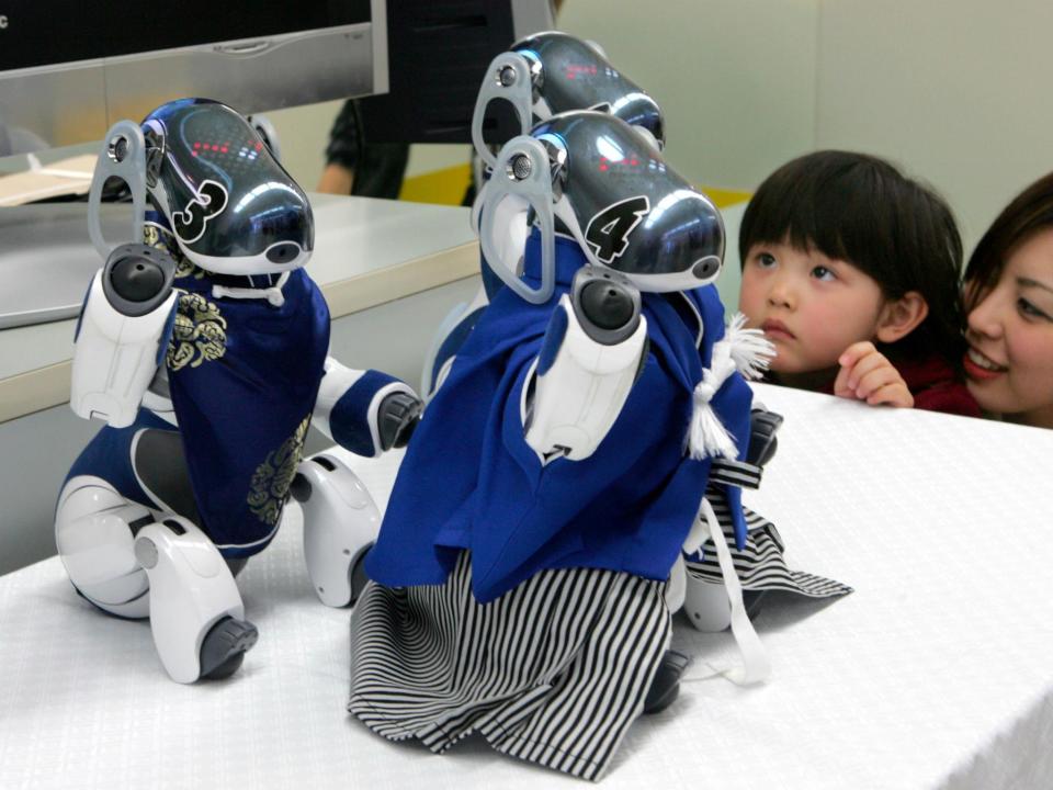 A girl and her mother look at Sony's robot dog AIBO at Robot Festa 2006 in Tokyo March 25, 2006: REUTERS/Toru Hanai