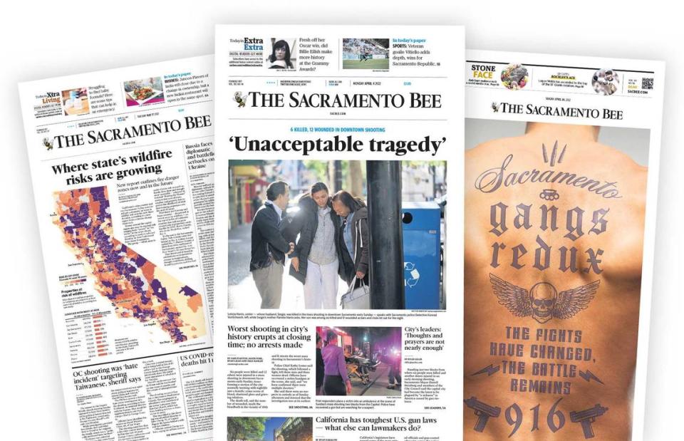 Selected front pages of The Sacramento Bee from 2022 that won first place in CNPA’s California Journalism Awards. The Sacramento Bee