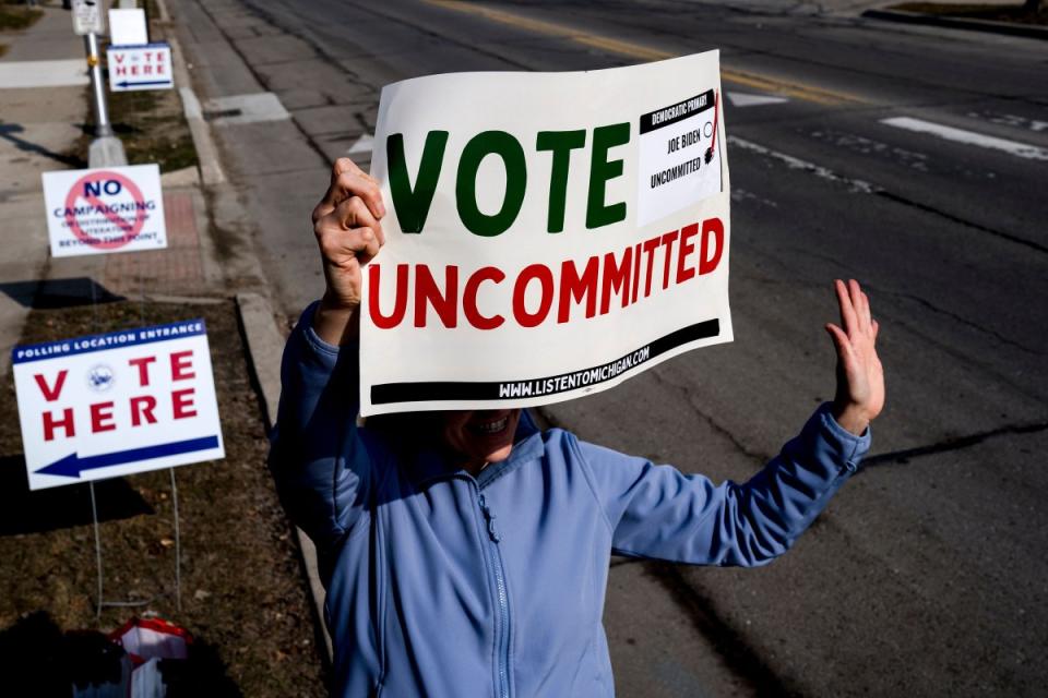 A protest in Michigan, where critics delivered a symbolic rebuke in the state’s primary over Biden’s handling of the war in Gaza<span class="copyright">Nic Antaya—Bloomberg/Getty Images</span>