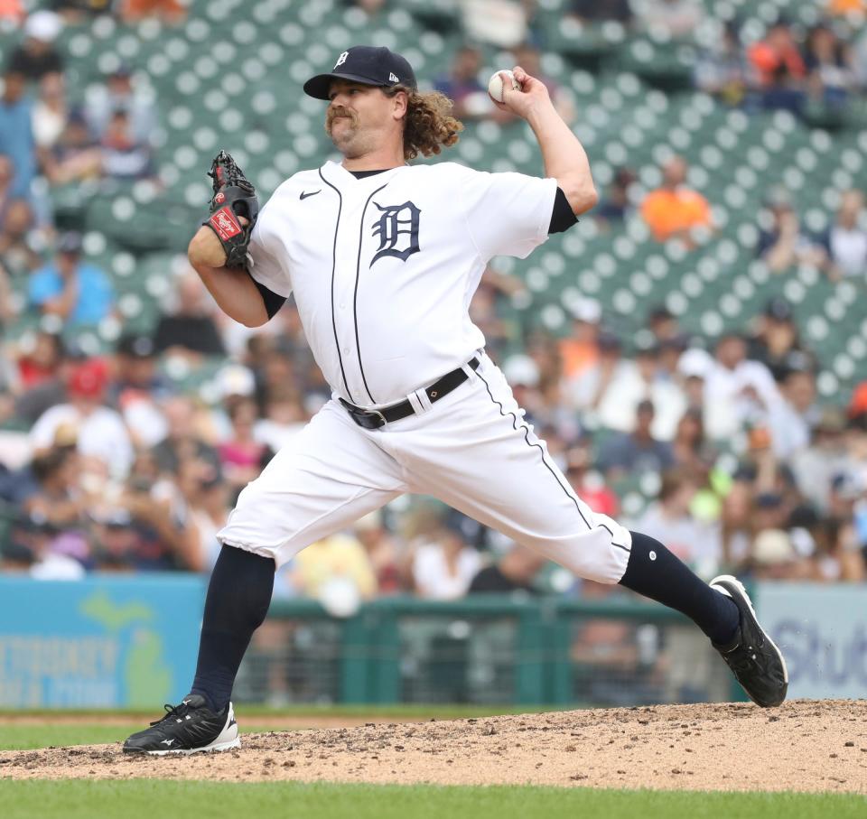 Detroit Tigers reliever Andrew Chafin (37) pitches against the Los Angeles Angels during eighth inning action at Comerica Park Sunday, August 21, 2022.