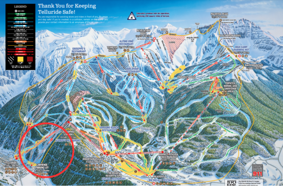 Approximate location of the mudslide shown within red circle<p>Telluride Ski Resort</p>