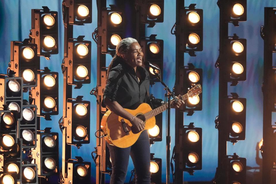 Tracy Chapman performs "Fast Car" during the Grammy Awards  in Los Angeles on Feb. 4.