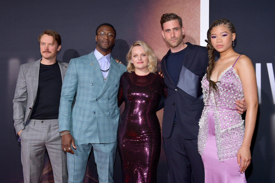 HOLLYWOOD, CALIFORNIA - FEBRUARY 24: (L-R) Michael Dorman, Aldis Hodge, Elisabeth Moss, Oliver Jackson-Cohen, and Storm Reid attend the Premiere of Universal Pictures' "The Invisible Man" at TCL Chinese Theatre on February 24, 2020 in Hollywood, California. (Photo by Matt Winkelmeyer/Getty Images)