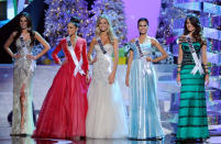 <b>Miss Universe 2012 </b><br><br>The five finalists: Miss Brazil Gabriela Markus joins winner Miss USA Olivia Culpo, finalist Miss Australia Renae Ayris, runner-up Miss Philippines Janine Tugonon and 3rd place Miss Venezuela Irene Sofia Esser Quintero on stage.<br><br>© Getty